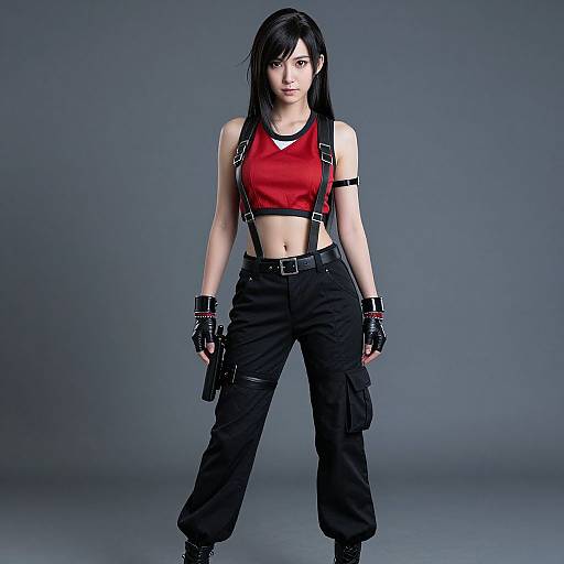 Digital artwork of a serious, black-haired woman in a red crop top, black suspenders, and cargo pants, with fingerless gloves and a gun