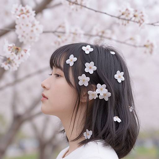 Photograph of an Asian woman with black hair, white cherry blossoms in her hair, profile view, against a blurred cherry blossom background.