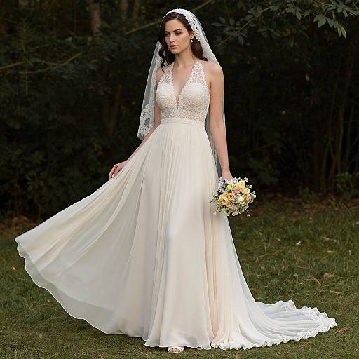 Photograph of a slender, dark-haired bride in a white lace, deep V-neck gown with a flowing veil and holding a yellow and white bouquet,