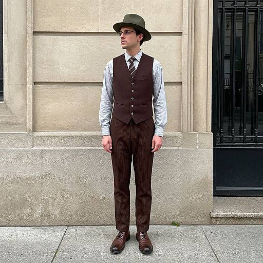 Photograph of a young man in vintage attire, standing against a beige stone wall. He wears a green hat, white shirt, brown vest, striped