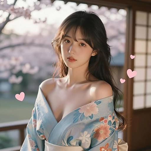 Young Woman in Blue Floral Kimono with Cherry Blossoms