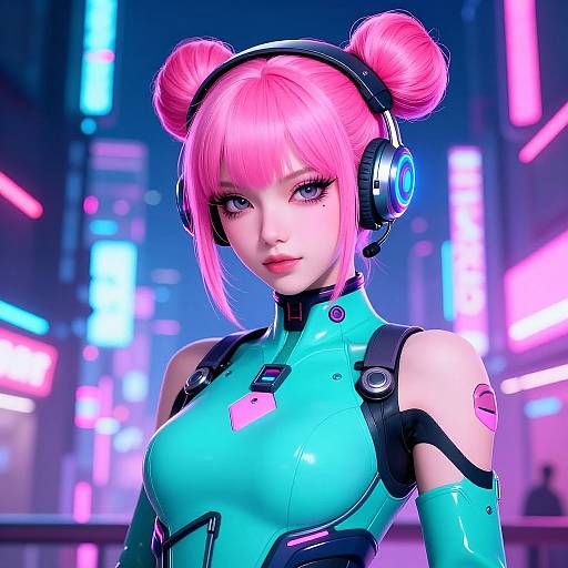 Digital art of a pink-haired anime woman with double buns, wearing futuristic headphones and a cyan bodysuit, set against a neon-lit city