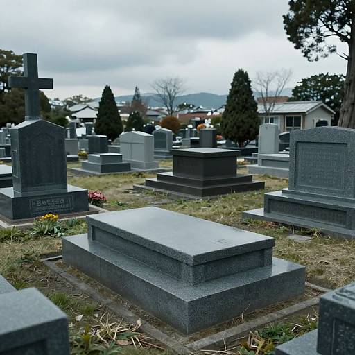Photograph of a cemetery with various gray granite tombstones, crosses, and rectangular headstones, surrounded by grass and small flowers under an overcast sky