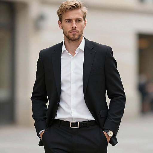 Photograph of a handsome, blond, bearded man in a black suit, white shirt, and black pants, standing confidently with hands in pockets,