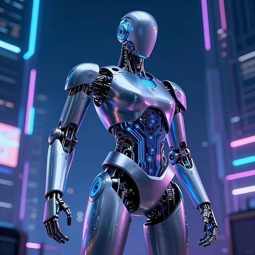 Futuristic Humanoid Robot in Cyberpunk City
