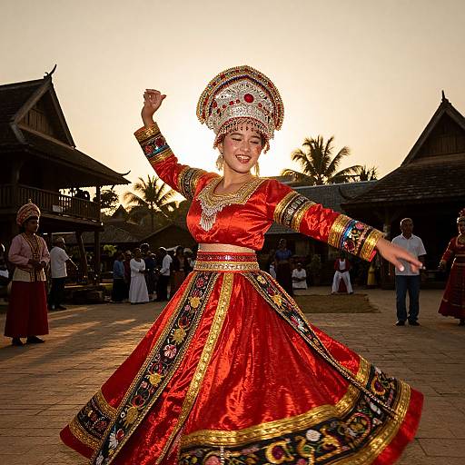 Photograph of a smiling Asian woman in an ornate red and gold traditional dance costume, raising her arm, at sunset in a village with traditional buildings