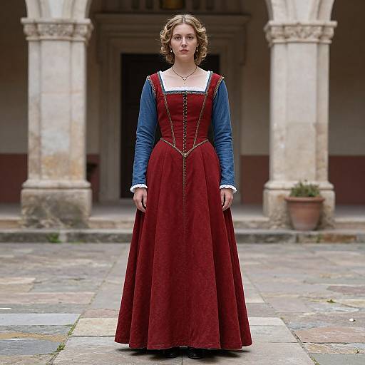 Photograph of a young woman in a 16th-century-style red dress with blue sleeves and white collar, standing in a stone courtyard with arches