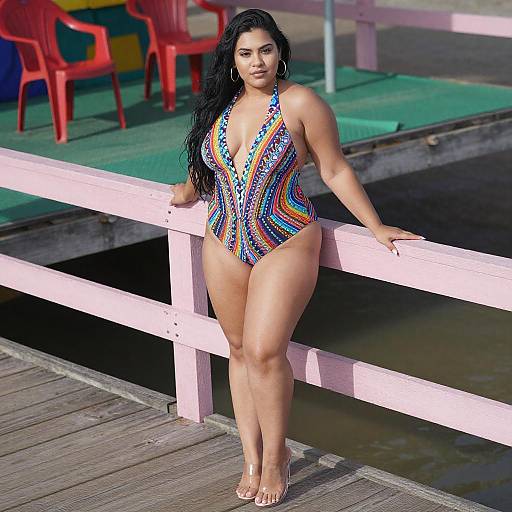 Curvy Woman in Patterned Swimsuit on Dock