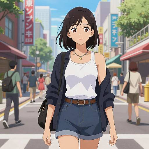 Anime-style digital drawing of a young woman with black bob haircut, wearing a white tank top, denim shorts, black jacket, and necklace, walking in