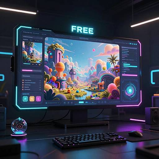 Neon-lit computer monitor displaying vibrant, futuristic landscape with colorful buildings and islands, labeled 