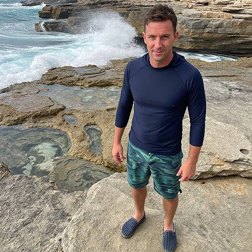 Photograph of a smiling, short-haired man in a navy long-sleeve shirt, green camouflage shorts, and blue slip-on shoes, standing on