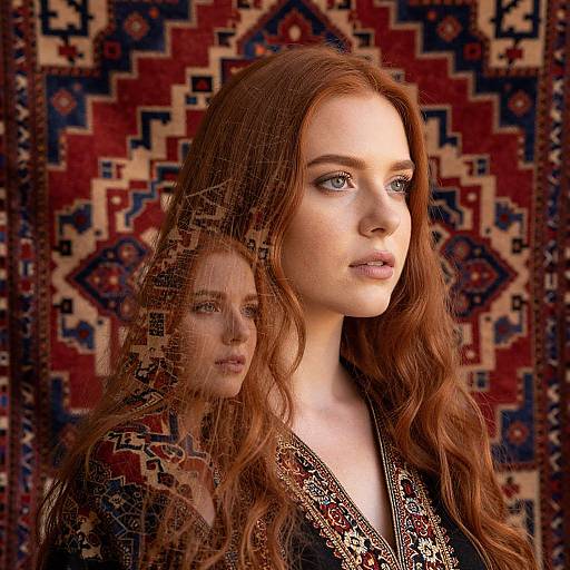 Photograph of a red-haired woman with fair skin and blue eyes, wearing a patterned black top, standing in front of a colorful, geometric-pattern