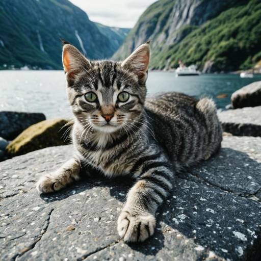 Grey Tabby Kitten Resting by Norwegian Fjord