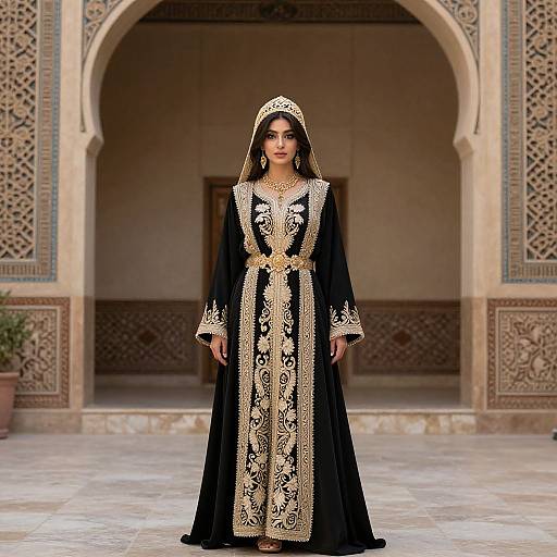 Photograph of a young woman in an ornate black and gold traditional Arabic dress, standing in a courtyard with intricate arches and tiled walls.