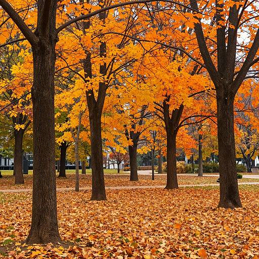 Photograph of a park with tall trees adorned in vibrant orange autumn leaves, covering the ground in a thick layer of fallen leaves.