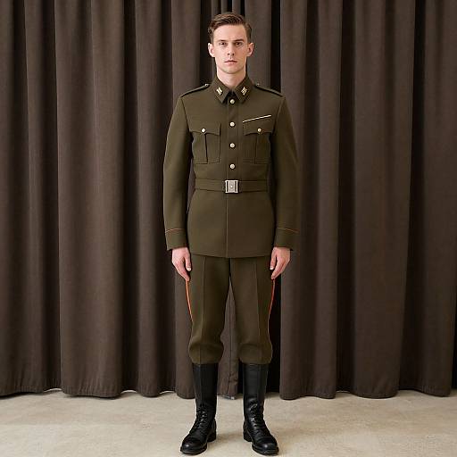 Photograph of a young white man in a dark green military uniform with black boots, standing against black curtains.