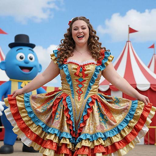 Photograph of a smiling woman with curly brown hair, wearing a vibrant, gold, blue, and red, ruffled circus dress, standing in front