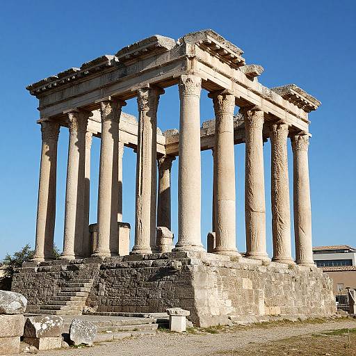 Photograph of ancient Greek temple ruins with tall, weathered stone columns and a blue sky background, standing on a stone base.