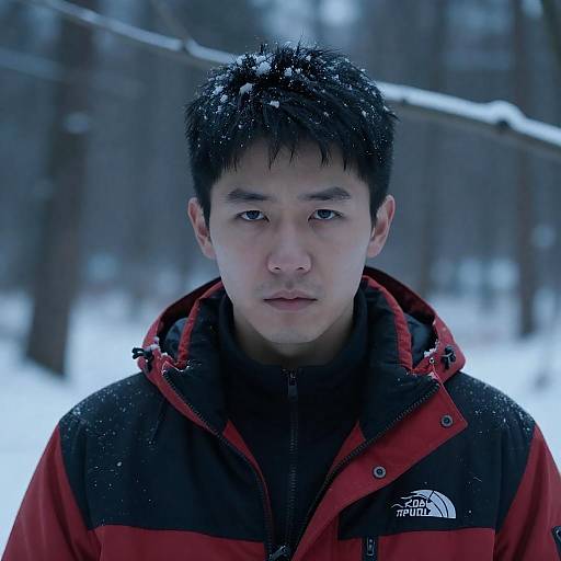 Intense Asian Man in Snowy Forest
