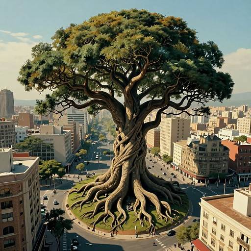 Photorealistic digital artwork of a gigantic, twisted tree with sprawling roots centered in a bustling urban cityscape, surrounded by tall buildings and tiny pedestrians.