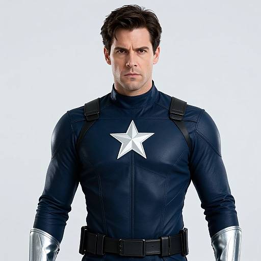 Photograph of a muscular, serious-looking man with short dark hair in a black star-emblazoned superhero suit, silver gloves, white background.