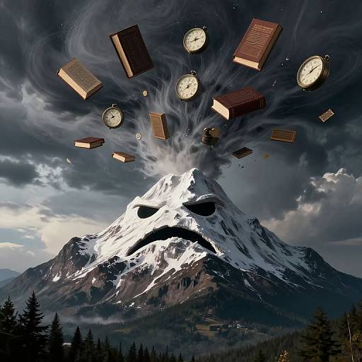 Digital artwork: Snow-capped mountain with a mysterious, shadowy face. Clocks and books float in a dark, cloudy sky above.