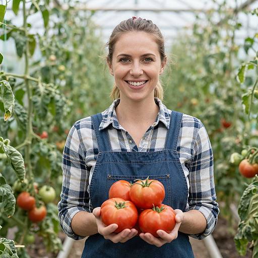 Photograph of a smiling, fair-skinned woman with brown hair in a ponytail, wearing a blue plaid shirt and apron, holding ripe