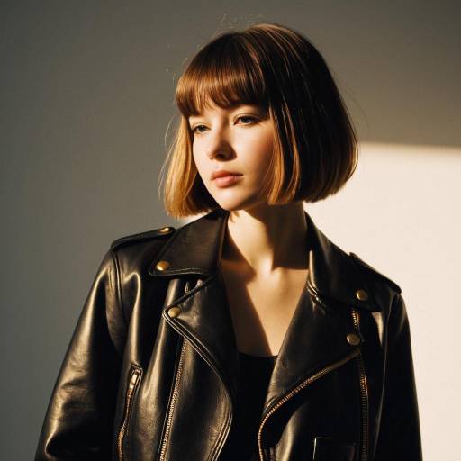 Young woman with classic bob hairstyle in leather jacket