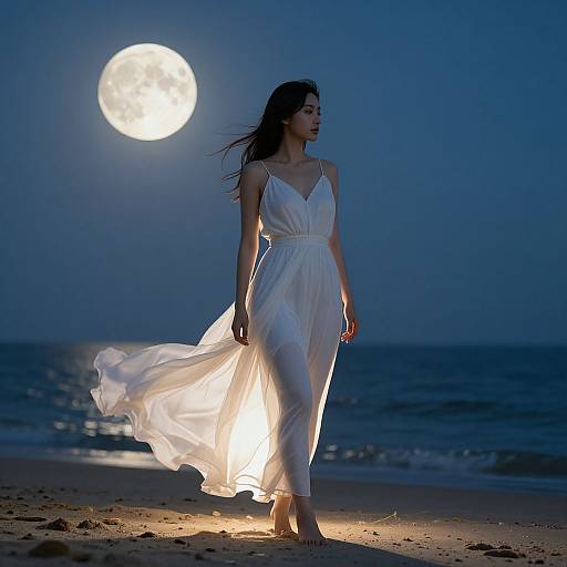 Photograph of a woman in a flowing white dress walking on a beach at night, illuminated by a full moon.