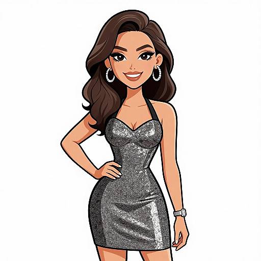 Digital cartoon of a smiling woman with long brown hair, wearing a sparkly black strapless mini dress, hoop earrings, and a watch.