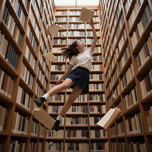 Photograph of a young Asian woman in a white shirt and black skirt, floating mid-air between towering bookshelves, holding and dropping books, with