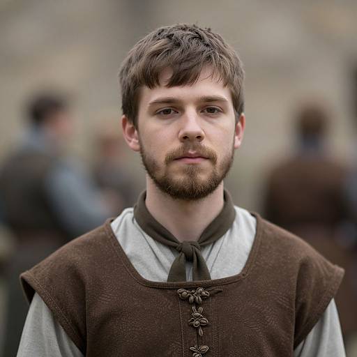 Photograph of a young white man with short brown hair and beard, wearing a brown medieval vest over a gray shirt, standing outdoors with blurred background and