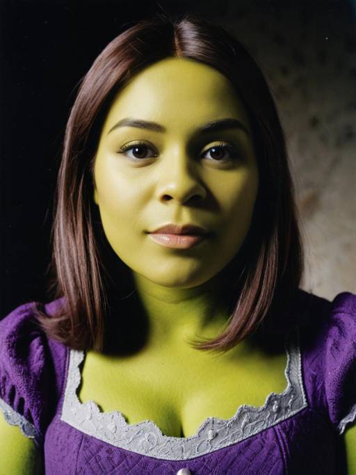 Woman in Purple Dress Shrek Costume Headshot