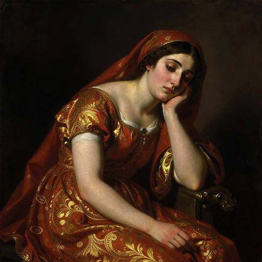 Baroque-style painting of a melancholic young woman with fair skin, dark hair, and red-gold embroidered dress, resting her head on her hand
