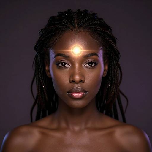 Photograph of a dark-skinned woman with glowing forehead, wearing no clothes, against a dark purple background, with detailed braided hair and focused expression