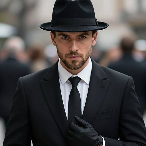 Photograph of a serious, bearded man in a black suit, white shirt, black tie, black gloves, and black fedora, standing in