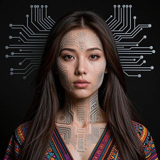 Digital artwork of a young Asian woman with long black hair, wearing a colorful embroidered top, adorned with glowing, circuit-like patterns on her face and neck