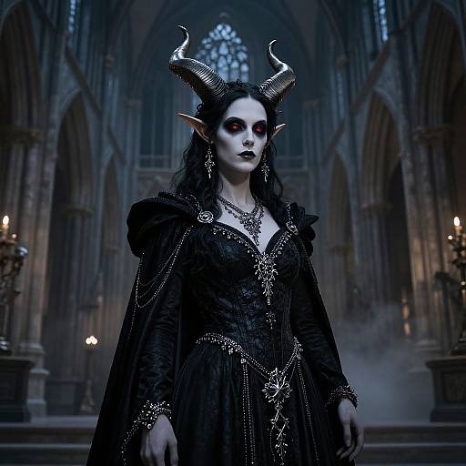 Digital artwork of a pale-skinned, dark-haired demon woman with black horns, red eyes, and black dress adorned with silver chains, standing in a