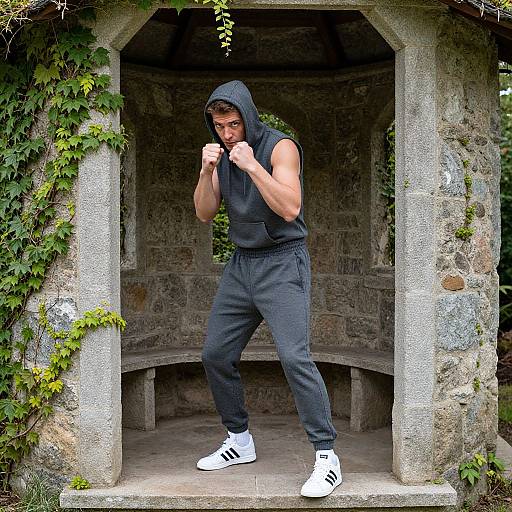 Photograph of a muscular man in a black sleeveless hoodie and gray sweatpants, boxing stance, white Adidas sneakers, framed by stone archway with
