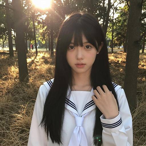 Asian Woman in Sailor Uniform in Sunlit Forest