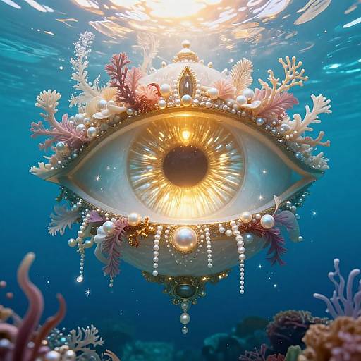 Photograph of a glowing underwater eye adorned with coral, pearls, and beads, surrounded by oceanic flora, bathed in sunlight.