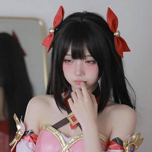 Shy Asian Woman in Red Gold Cosplay