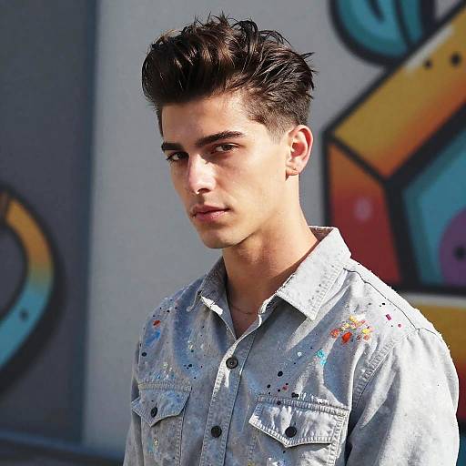 Photograph of a young man with dark, spiked hair, wearing a light blue, denim shirt with colorful paint splatters, standing against a graffiti-covered