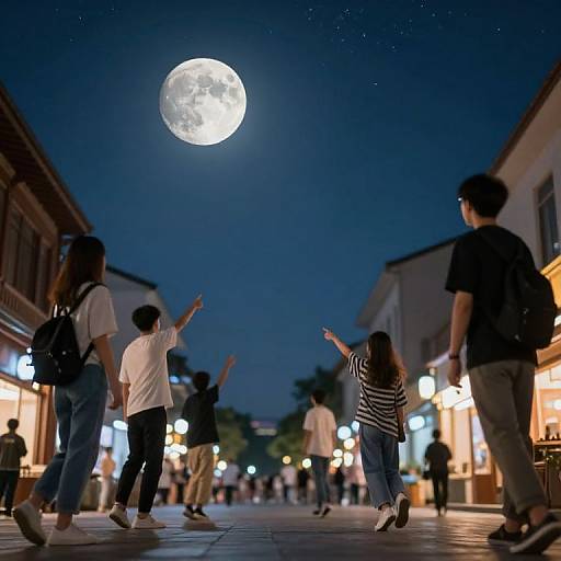 Photograph of a nighttime street scene with a full moon, silhouetted teenagers pointing at it, surrounded by illuminated buildings.