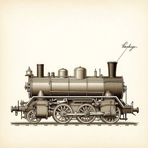 Detailed black-and-white technical drawing of a vintage steam locomotive, labeled 