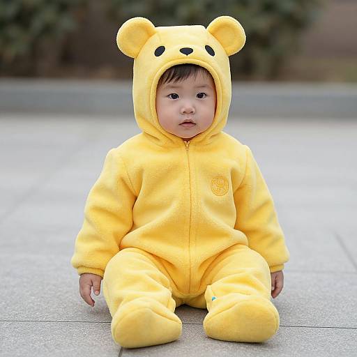 Photograph of a baby with light skin, black hair, and round face, sitting on a concrete path wearing a yellow teddy bear onesie hood