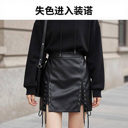 Woman in Black Leather Skirt and Hoodie