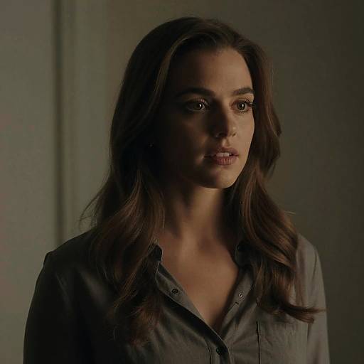 Photograph of a serious-looking woman with long brown hair, wearing a dark grey button-up shirt, dimly lit from the side.