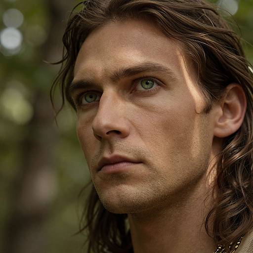 Photograph of a serious, handsome man with long brown hair, green eyes, and sunlit face, set against a blurred green forest background. Lighting
