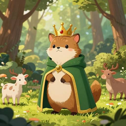 Adorable cartoon fox in green royal cape and gold crown stands in sunlit forest, surrounded by a deer and fawn.